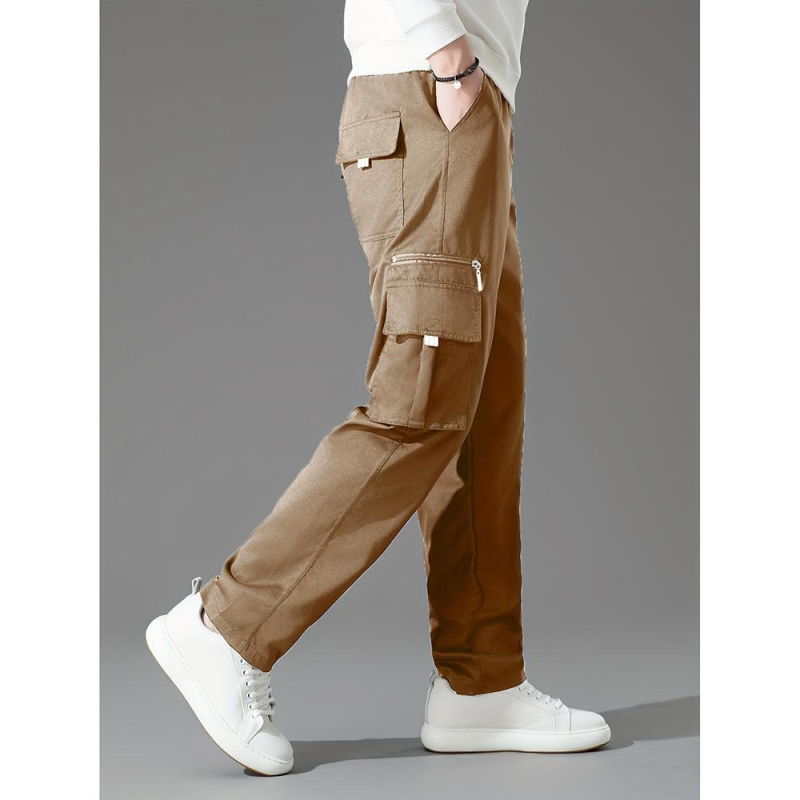 Pantaloni cargo casual pentru bărbați, croială dreaptă, lungi, poliester, șnur în talie