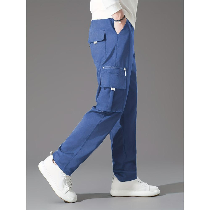 Pantaloni cargo casual pentru bărbați, croială dreaptă, lungi, poliester, șnur în talie
