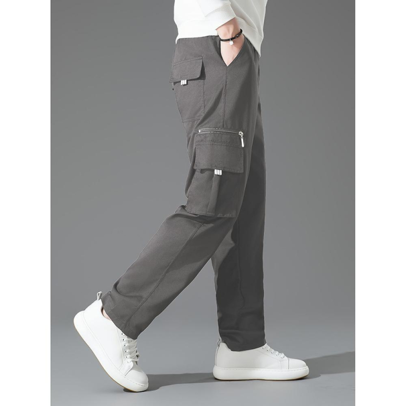 Pantaloni cargo casual pentru bărbați, croială dreaptă, lungi, poliester, șnur în talie
