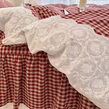 Keturių dalių lovos komplektas su nėrinių kraštu, geometrinis raštas, reaktyvusis spausdinimas ir dažymas, Korėjos princesės stilius, retro Amerikos prabangus patalynė