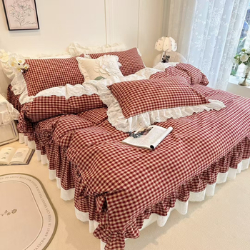 Keturių dalių lovos komplektas su nėrinių kraštu, geometrinis raštas, reaktyvusis spausdinimas ir dažymas, Korėjos princesės stilius, retro Amerikos prabangus patalynė