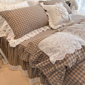 Keturių dalių lovos komplektas su nėrinių kraštu, geometrinis raštas, reaktyvusis spausdinimas ir dažymas, Korėjos princesės stilius, retro Amerikos prabangus patalynė