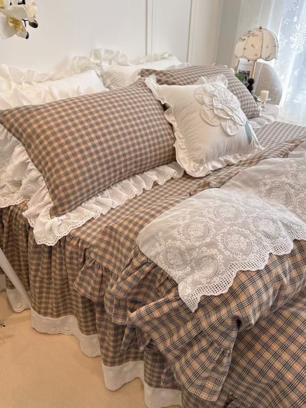 Keturių dalių lovos komplektas su nėrinių kraštu, geometrinis raštas, reaktyvusis spausdinimas ir dažymas, Korėjos princesės stilius, retro Amerikos prabangus patalynė