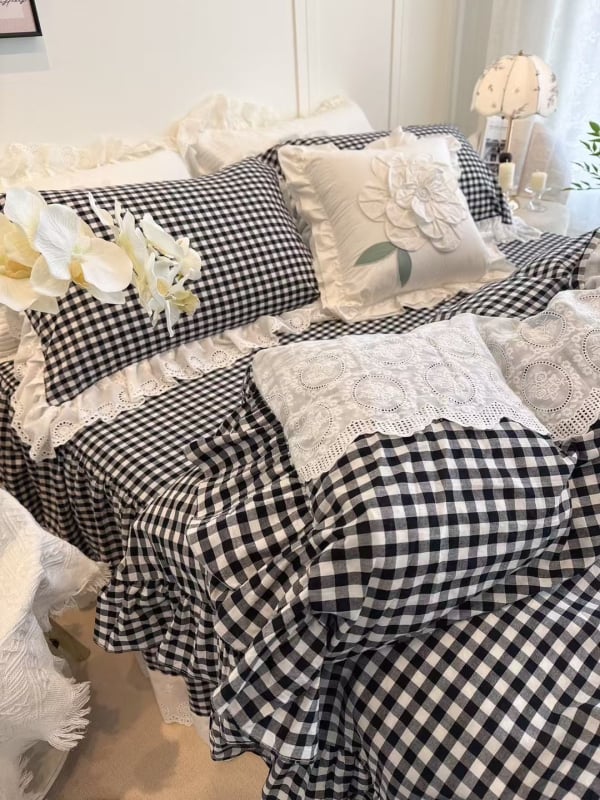 Keturių dalių lovos komplektas su nėrinių kraštu, geometrinis raštas, reaktyvusis spausdinimas ir dažymas, Korėjos princesės stilius, retro Amerikos prabangus patalynė