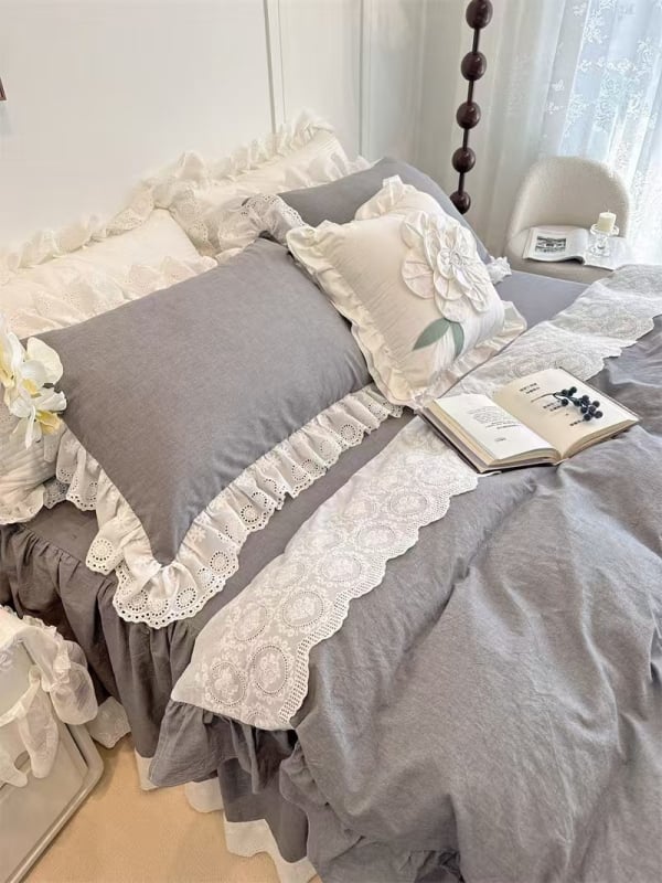 Keturių dalių lovos komplektas su nėrinių kraštu, geometrinis raštas, reaktyvusis spausdinimas ir dažymas, Korėjos princesės stilius, retro Amerikos prabangus patalynė