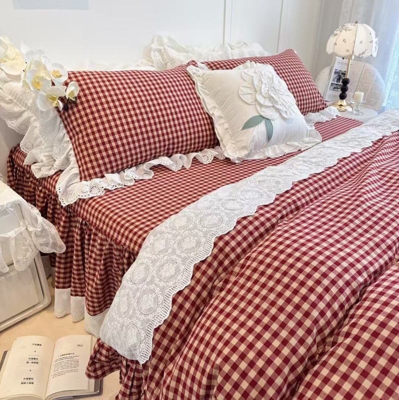 Keturių dalių lovos komplektas su nėrinių kraštu, geometrinis raštas, reaktyvusis spausdinimas ir dažymas, Korėjos princesės stilius, retro Amerikos prabangus patalynė