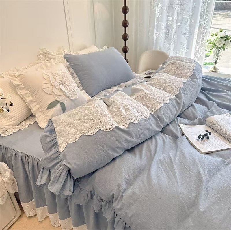 Keturių dalių lovos komplektas su nėrinių kraštu, geometrinis raštas, reaktyvusis spausdinimas ir dažymas, Korėjos princesės stilius, retro Amerikos prabangus patalynė