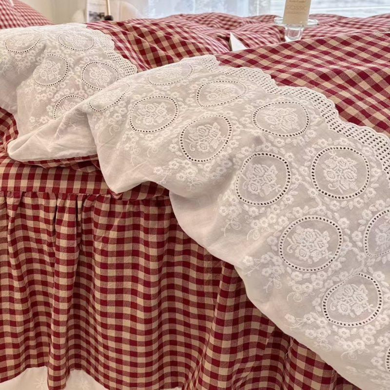 Keturių dalių lovos komplektas su nėrinių kraštu, geometrinis raštas, reaktyvusis spausdinimas ir dažymas, Korėjos princesės stilius, retro Amerikos prabangus patalynė