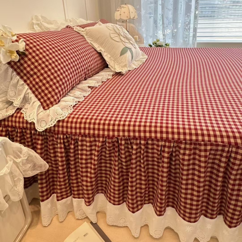 Keturių dalių lovos komplektas su nėrinių kraštu, geometrinis raštas, reaktyvusis spausdinimas ir dažymas, Korėjos princesės stilius, retro Amerikos prabangus patalynė