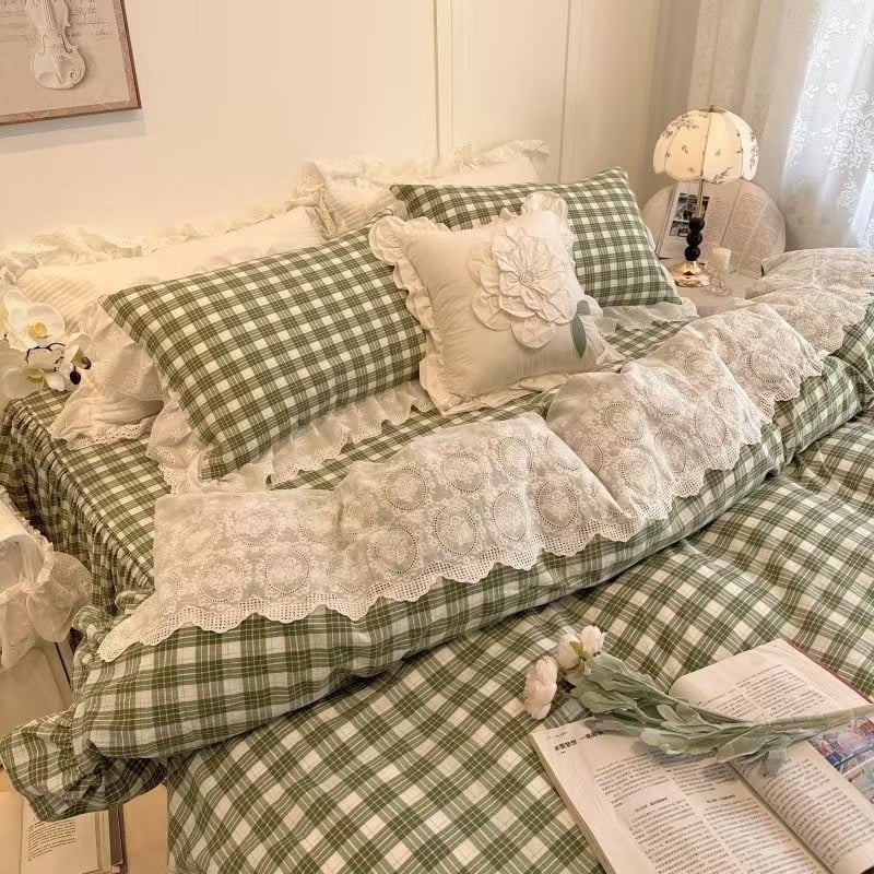 Keturių dalių lovos komplektas su nėrinių kraštu, geometrinis raštas, reaktyvusis spausdinimas ir dažymas, Korėjos princesės stilius, retro Amerikos prabangus patalynė