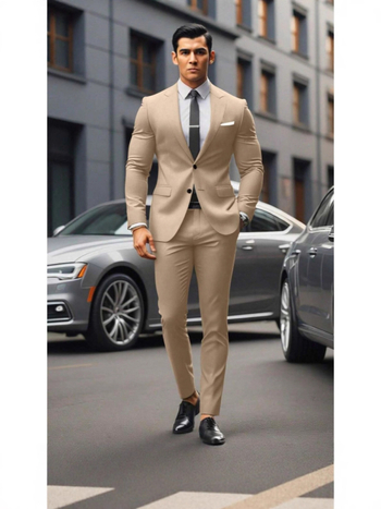 Vyriskas dviejų dalių kostiumas, Slim Fit, dviejų mygtukų priekyje, kvėpuojantis poliesterio–medvilnės mišinys, tinkamas visoms metų laikams