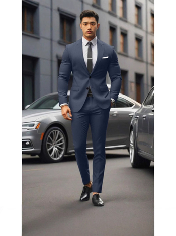 Vyriskas dviejų dalių kostiumas, Slim Fit, dviejų mygtukų priekyje, kvėpuojantis poliesterio–medvilnės mišinys, tinkamas visoms metų laikams