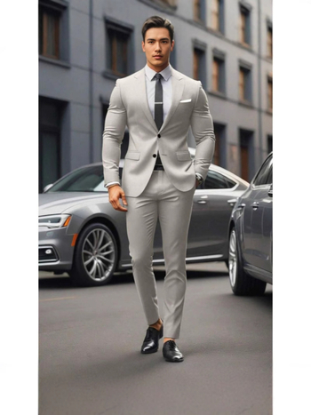 Vyriskas dviejų dalių kostiumas, Slim Fit, dviejų mygtukų priekyje, kvėpuojantis poliesterio–medvilnės mišinys, tinkamas visoms metų laikams