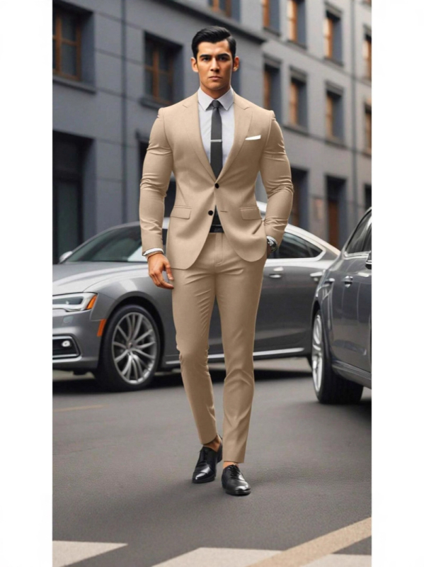 Vyriskas dviejų dalių kostiumas, Slim Fit, dviejų mygtukų priekyje, kvėpuojantis poliesterio–medvilnės mišinys, tinkamas visoms metų laikams