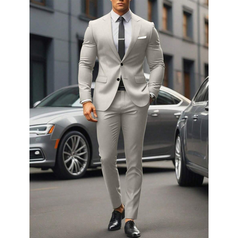 Vyriskas dviejų dalių kostiumas, Slim Fit, dviejų mygtukų priekyje, kvėpuojantis poliesterio–medvilnės mišinys, tinkamas visoms metų laikams