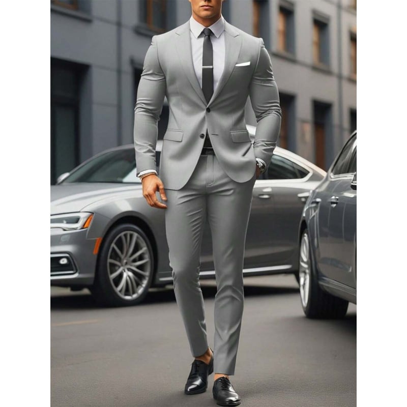 Vyriskas dviejų dalių kostiumas, Slim Fit, dviejų mygtukų priekyje, kvėpuojantis poliesterio–medvilnės mišinys, tinkamas visoms metų laikams
