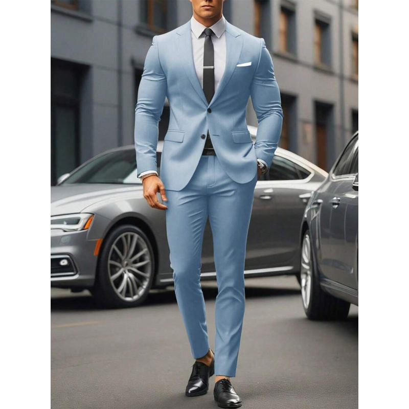 Vyriskas dviejų dalių kostiumas, Slim Fit, dviejų mygtukų priekyje, kvėpuojantis poliesterio–medvilnės mišinys, tinkamas visoms metų laikams