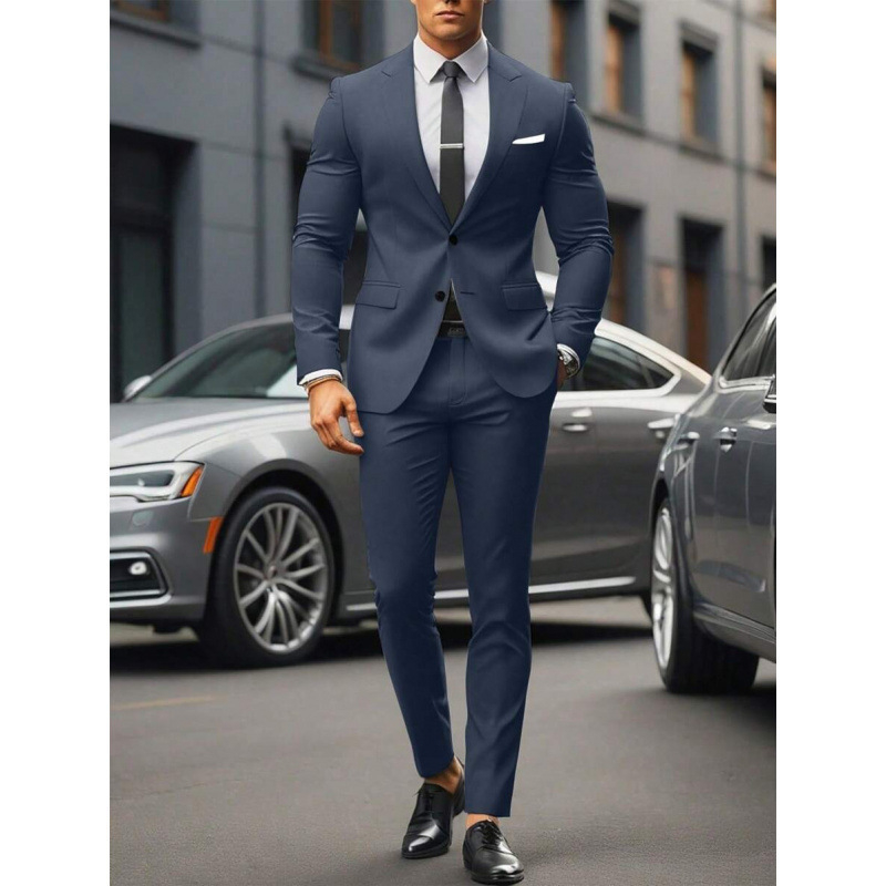 Vyriskas dviejų dalių kostiumas, Slim Fit, dviejų mygtukų priekyje, kvėpuojantis poliesterio–medvilnės mišinys, tinkamas visoms metų laikams
