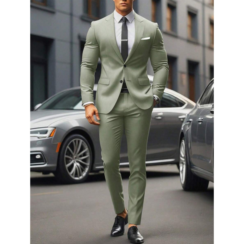 Vyriskas dviejų dalių kostiumas, Slim Fit, dviejų mygtukų priekyje, kvėpuojantis poliesterio–medvilnės mišinys, tinkamas visoms metų laikams
