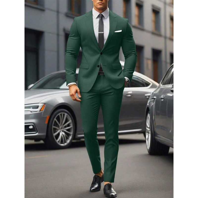 Vyriskas dviejų dalių kostiumas, Slim Fit, dviejų mygtukų priekyje, kvėpuojantis poliesterio–medvilnės mišinys, tinkamas visoms metų laikams
