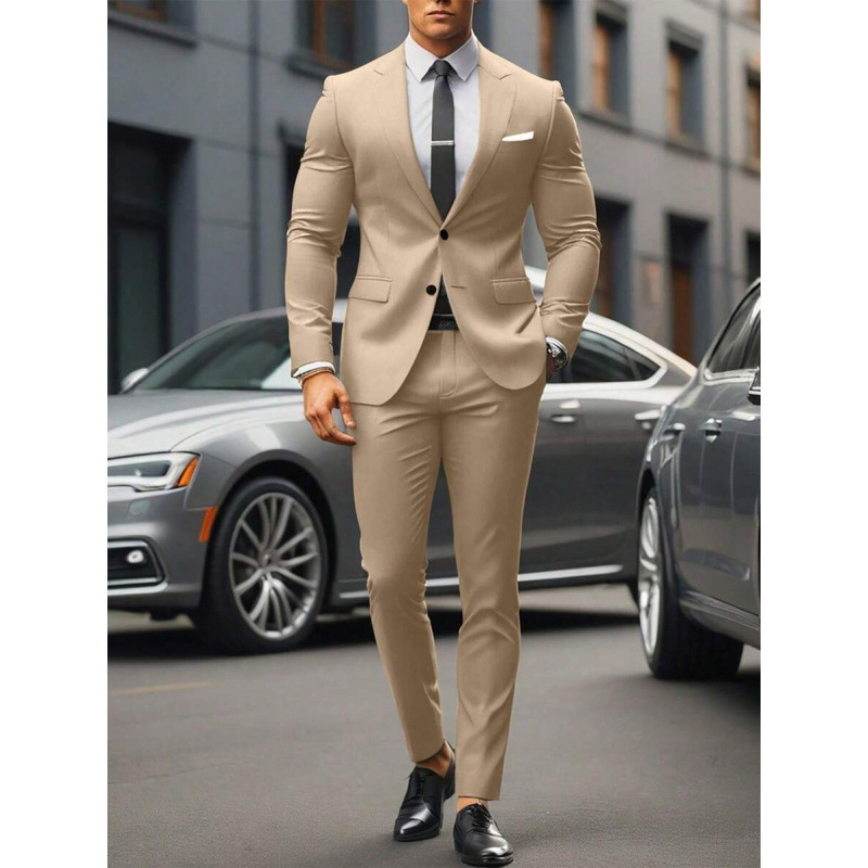 Vyriskas dviejų dalių kostiumas, Slim Fit, dviejų mygtukų priekyje, kvėpuojantis poliesterio–medvilnės mišinys, tinkamas visoms metų laikams