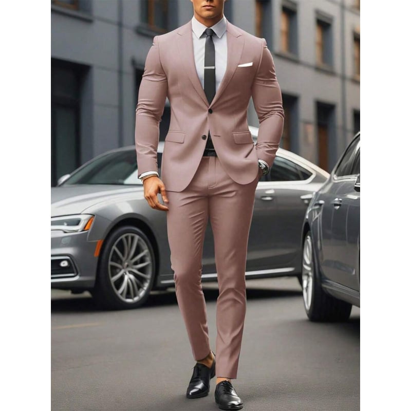 Vyriskas dviejų dalių kostiumas, Slim Fit, dviejų mygtukų priekyje, kvėpuojantis poliesterio–medvilnės mišinys, tinkamas visoms metų laikams