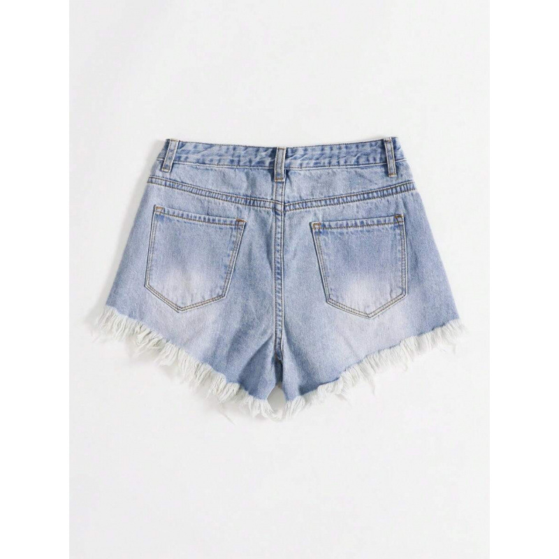 Shorturi din denim, margine franjurată, stil Y2K, căptușire din fleece, amestec de fibre poliesterice, talie dublă, închidere cu șnur, croială dreaptă