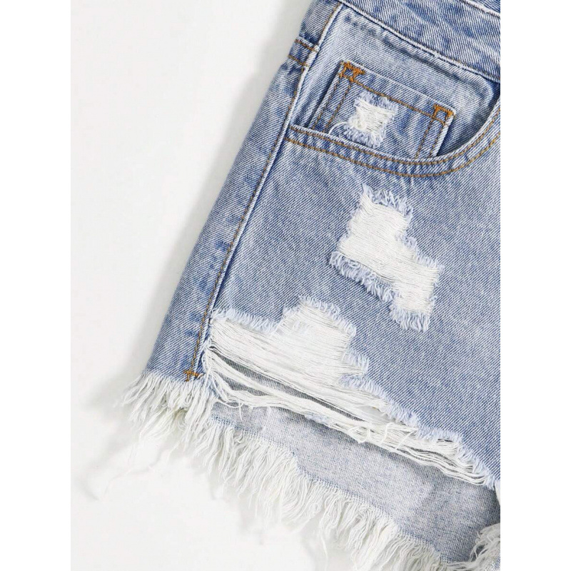 Shorturi din denim, margine franjurată, stil Y2K, căptușire din fleece, amestec de fibre poliesterice, talie dublă, închidere cu șnur, croială dreaptă