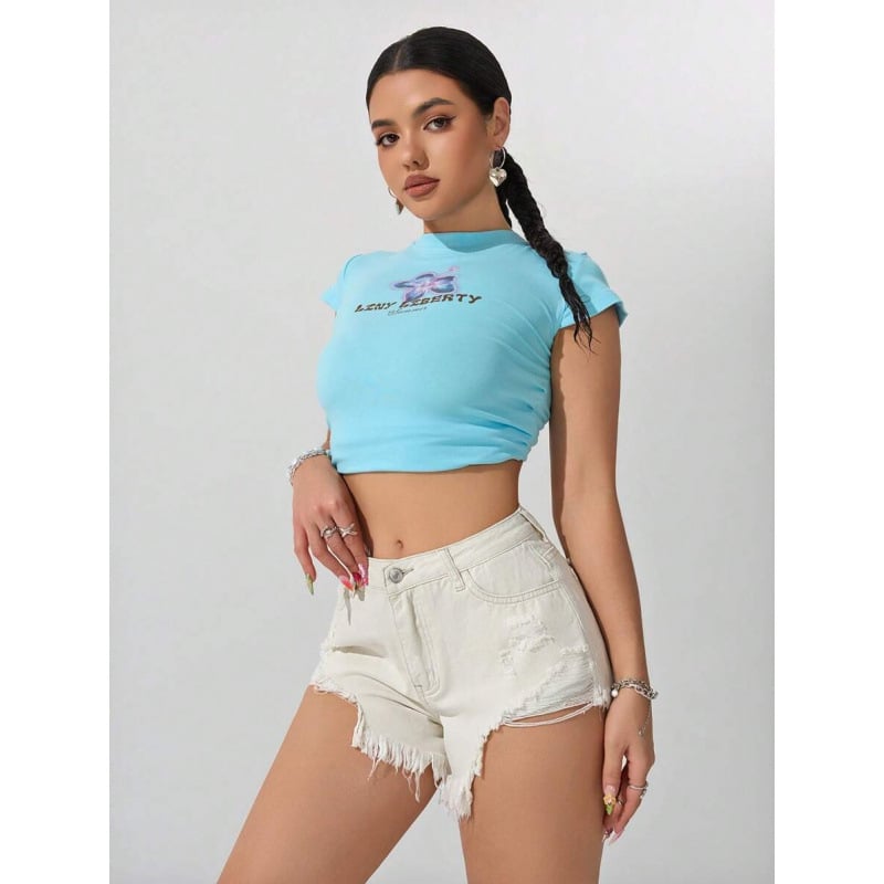 Shorturi din denim, margine franjurată, stil Y2K, căptușire din fleece, amestec de fibre poliesterice, talie dublă, închidere cu șnur, croială dreaptă