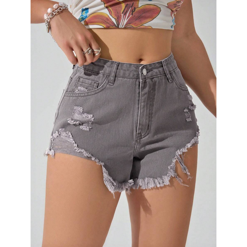 Shorturi din denim, margine franjurată, stil Y2K, căptușire din fleece, amestec de fibre poliesterice, talie dublă, închidere cu șnur, croială dreaptă