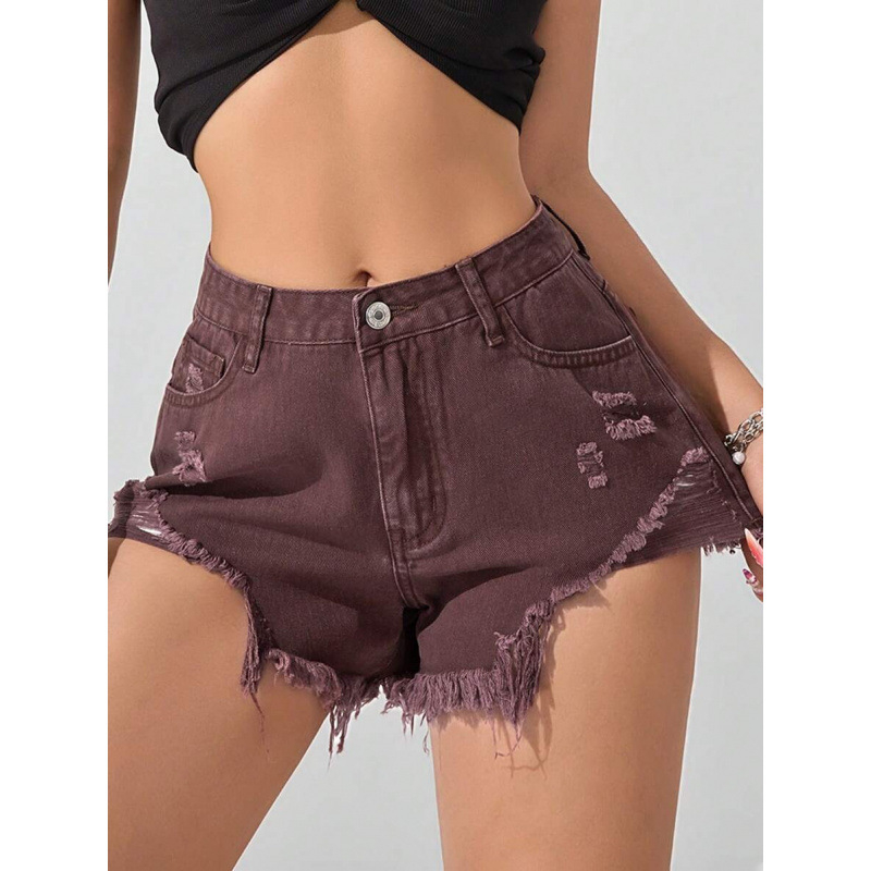 Shorturi din denim, margine franjurată, stil Y2K, căptușire din fleece, amestec de fibre poliesterice, talie dublă, închidere cu șnur, croială dreaptă