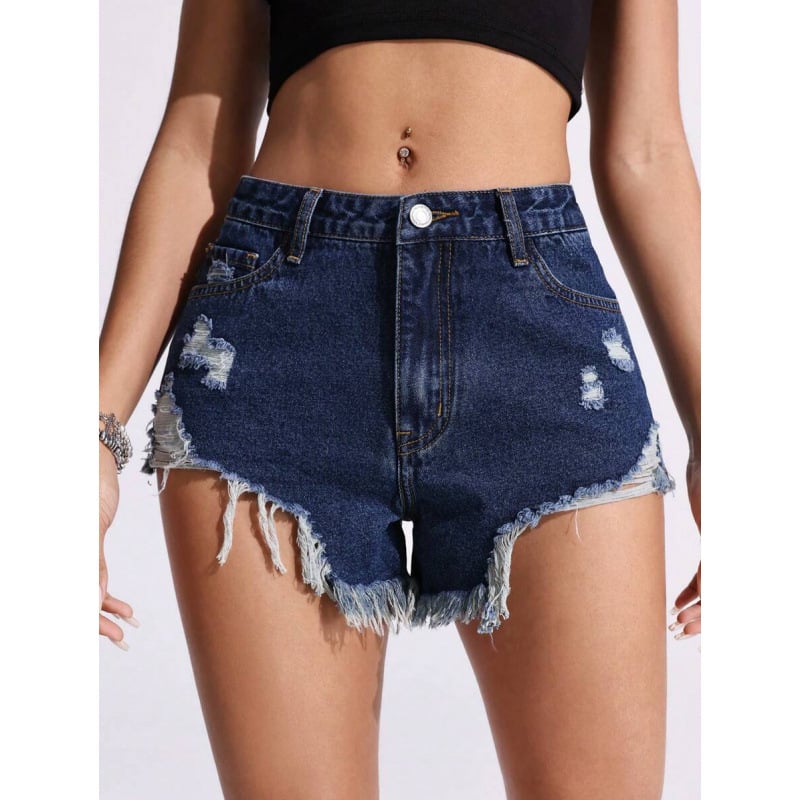 Shorturi din denim, margine franjurată, stil Y2K, căptușire din fleece, amestec de fibre poliesterice, talie dublă, închidere cu șnur, croială dreaptă