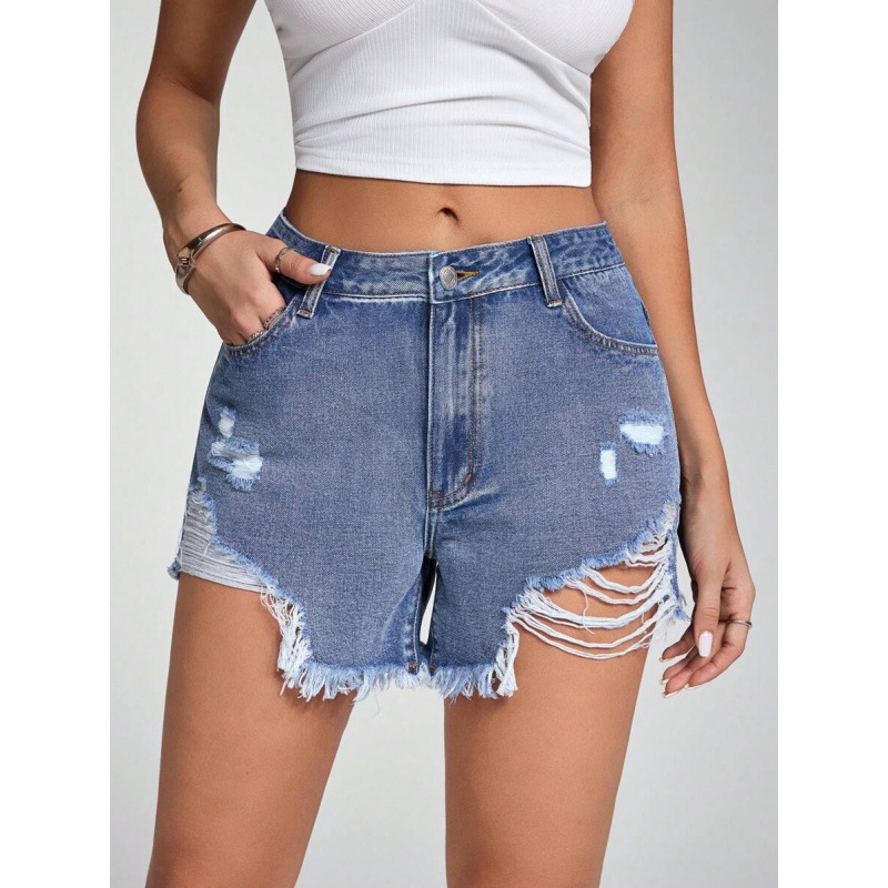 Shorturi din denim, margine franjurată, stil Y2K, căptușire din fleece, amestec de fibre poliesterice, talie dublă, închidere cu șnur, croială dreaptă