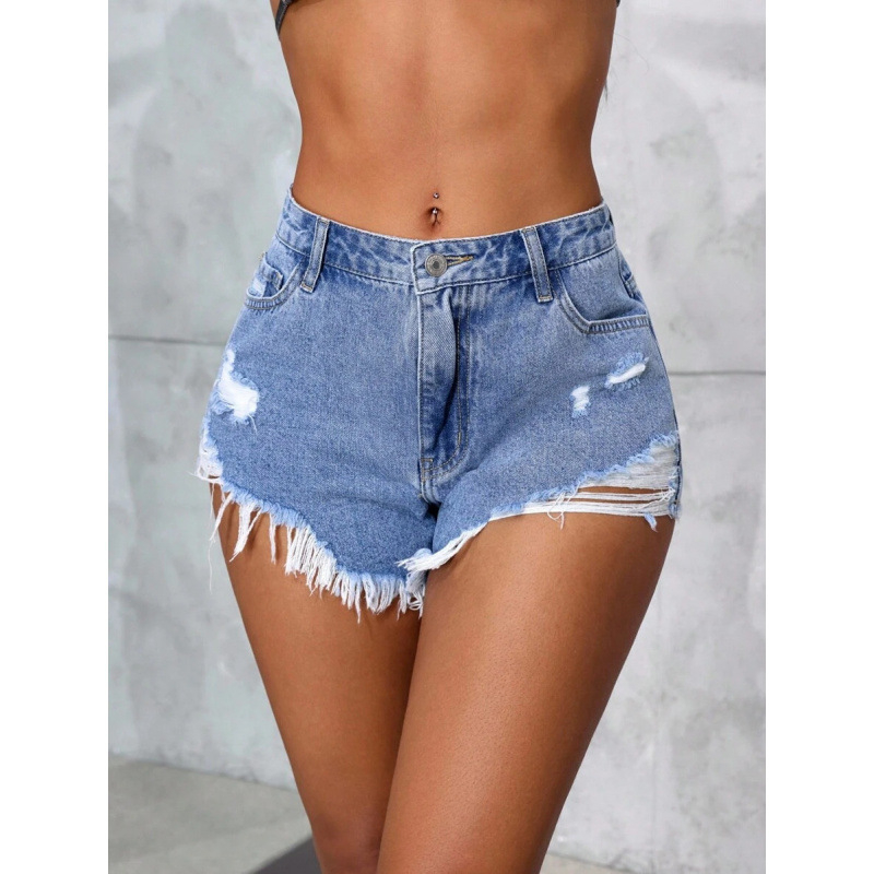 Shorturi din denim, margine franjurată, stil Y2K, căptușire din fleece, amestec de fibre poliesterice, talie dublă, închidere cu șnur, croială dreaptă