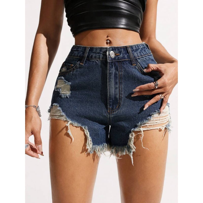 Shorturi din denim, margine franjurată, stil Y2K, căptușire din fleece, amestec de fibre poliesterice, talie dublă, închidere cu șnur, croială dreaptă