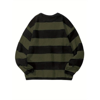 Pulover tricotat retro cu dungi, bărbați, casual, croială lejeră, guler rotund, gros, țesătură Modal + păr de iepure