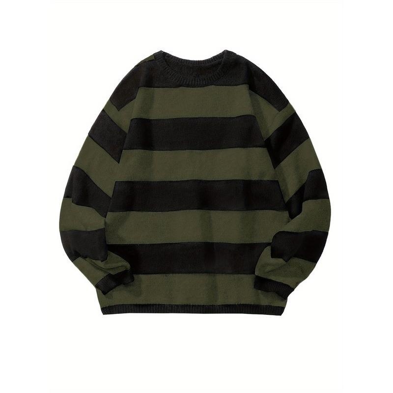 Pulover tricotat retro cu dungi, bărbați, casual, croială lejeră, guler rotund, gros, țesătură Modal + păr de iepure