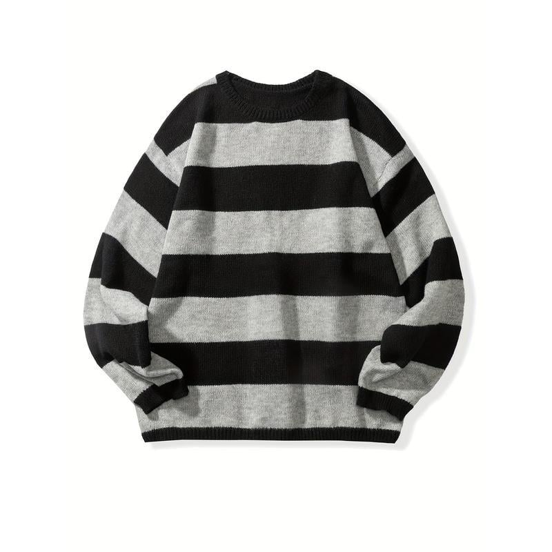 Pulover tricotat retro cu dungi, bărbați, casual, croială lejeră, guler rotund, gros, țesătură Modal + păr de iepure