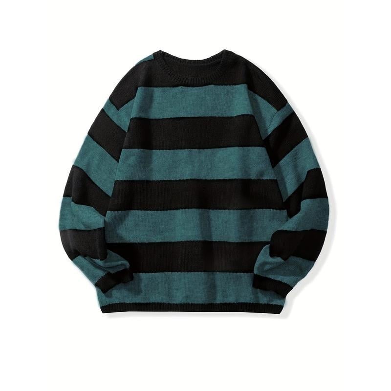 Pulover tricotat retro cu dungi, bărbați, casual, croială lejeră, guler rotund, gros, țesătură Modal + păr de iepure