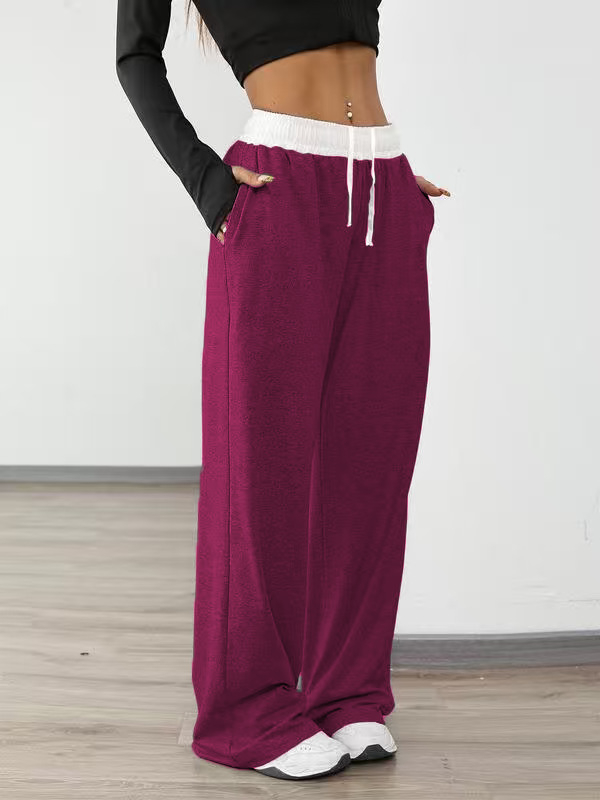 Γυναικείες αθλητικές παντελόνες με κορδόνι στη μέση, ευρύ παντελόνι, με τσέπες – Πολυεστέρας/Σπαντέξ, μεσαία μέση, μακριές, καθημερινό στυλ