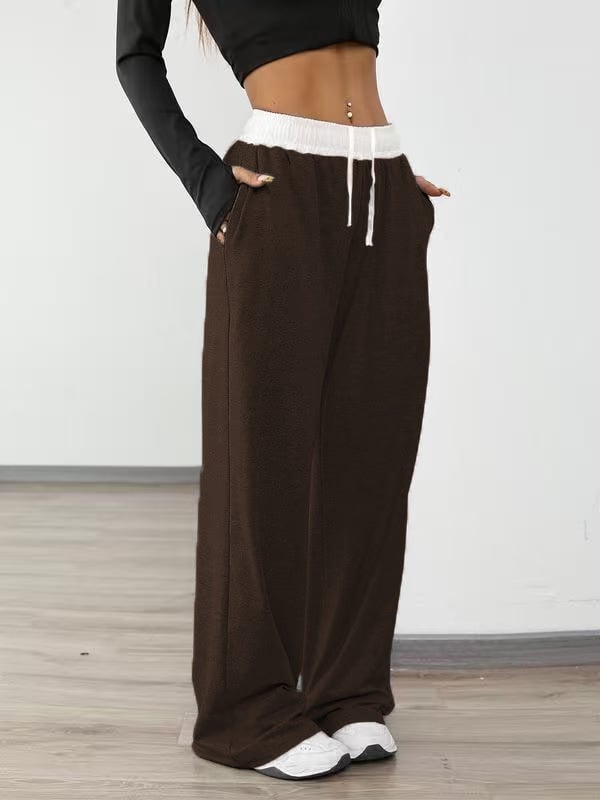 Γυναικείες αθλητικές παντελόνες με κορδόνι στη μέση, ευρύ παντελόνι, με τσέπες – Πολυεστέρας/Σπαντέξ, μεσαία μέση, μακριές, καθημερινό στυλ