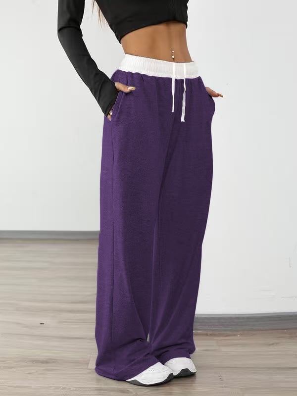 Γυναικείες αθλητικές παντελόνες με κορδόνι στη μέση, ευρύ παντελόνι, με τσέπες – Πολυεστέρας/Σπαντέξ, μεσαία μέση, μακριές, καθημερινό στυλ