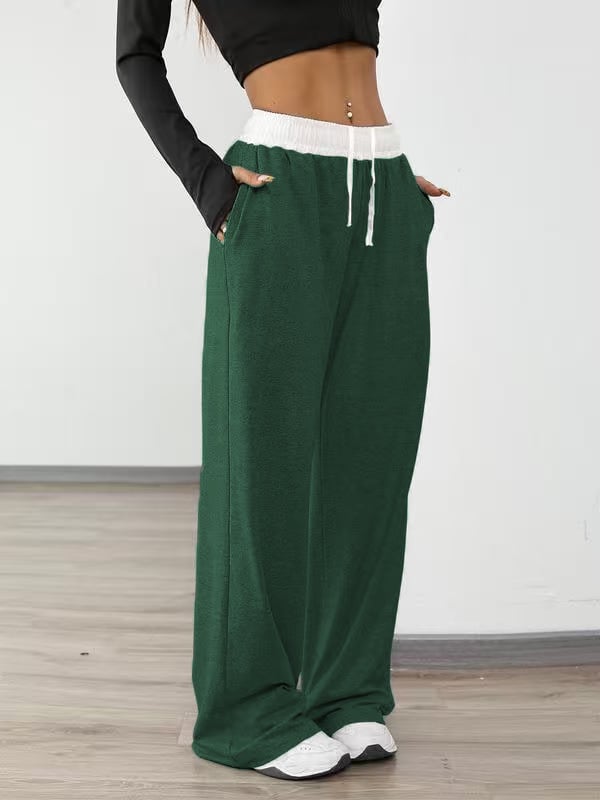 Γυναικείες αθλητικές παντελόνες με κορδόνι στη μέση, ευρύ παντελόνι, με τσέπες – Πολυεστέρας/Σπαντέξ, μεσαία μέση, μακριές, καθημερινό στυλ