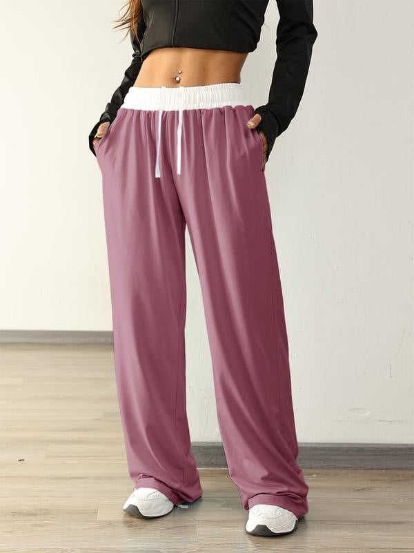 Γυναικείες αθλητικές παντελόνες με κορδόνι στη μέση, ευρύ παντελόνι, με τσέπες – Πολυεστέρας/Σπαντέξ, μεσαία μέση, μακριές, καθημερινό στυλ