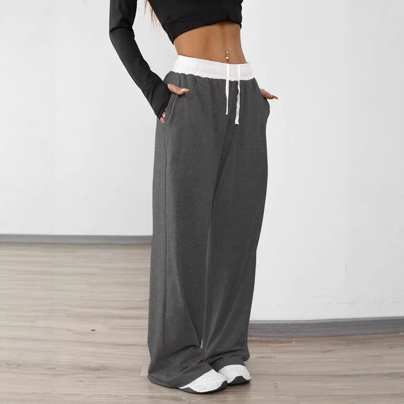 Γυναικείες αθλητικές παντελόνες με κορδόνι στη μέση, ευρύ παντελόνι, με τσέπες – Πολυεστέρας/Σπαντέξ, μεσαία μέση, μακριές, καθημερινό στυλ