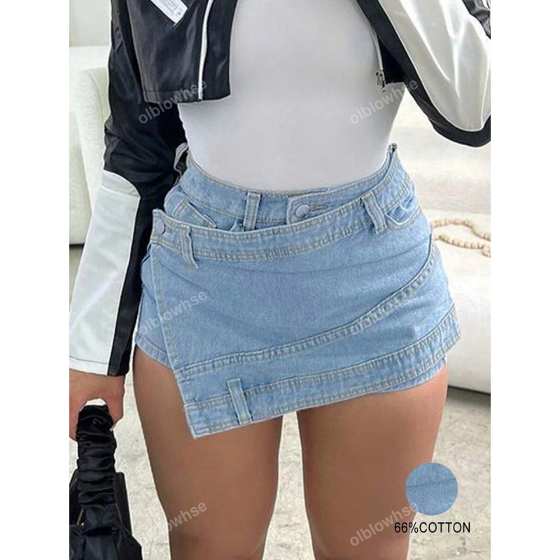 Jeans din denim spălat, margine asimetrică, talie dublă, șiret de talie, croială dreaptă