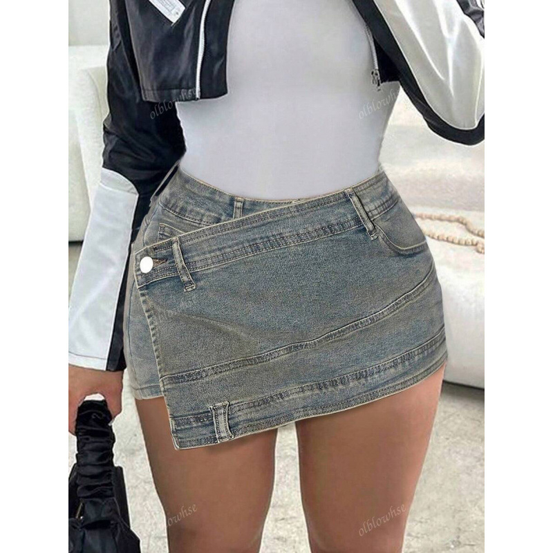 Jeans din denim spălat, margine asimetrică, talie dublă, șiret de talie, croială dreaptă