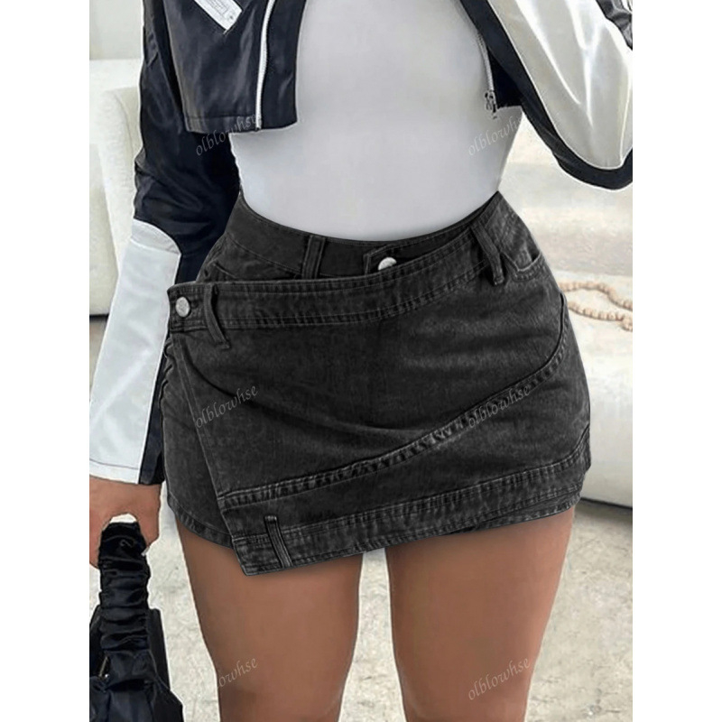 Jeans din denim spălat, margine asimetrică, talie dublă, șiret de talie, croială dreaptă