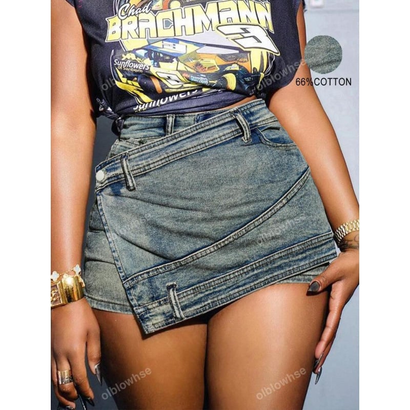 Jeans din denim spălat, margine asimetrică, talie dublă, șiret de talie, croială dreaptă