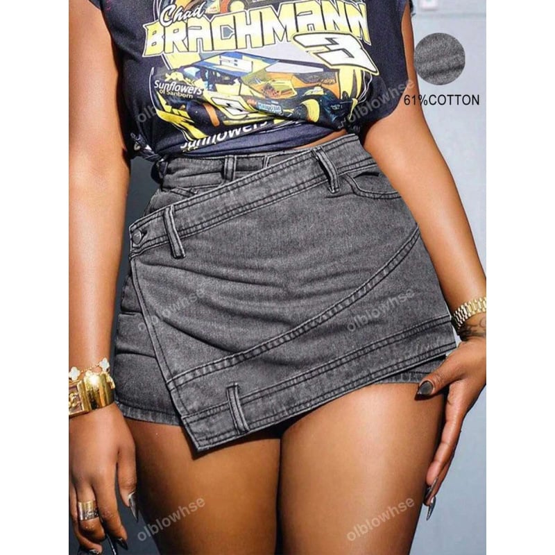 Jeans din denim spălat, margine asimetrică, talie dublă, șiret de talie, croială dreaptă